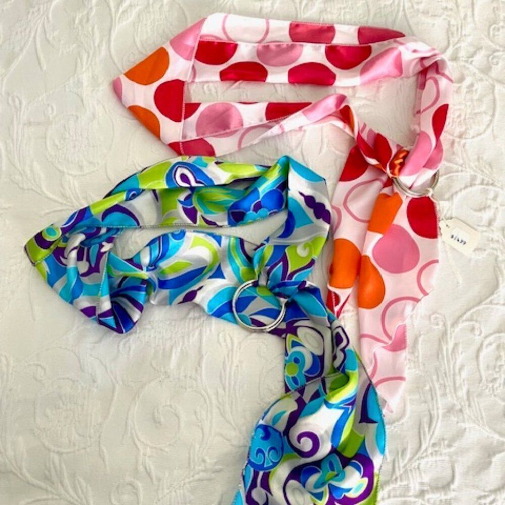 NWT 2x Bright Pink Orange Blue Green Geometric Retro Scarf Belts